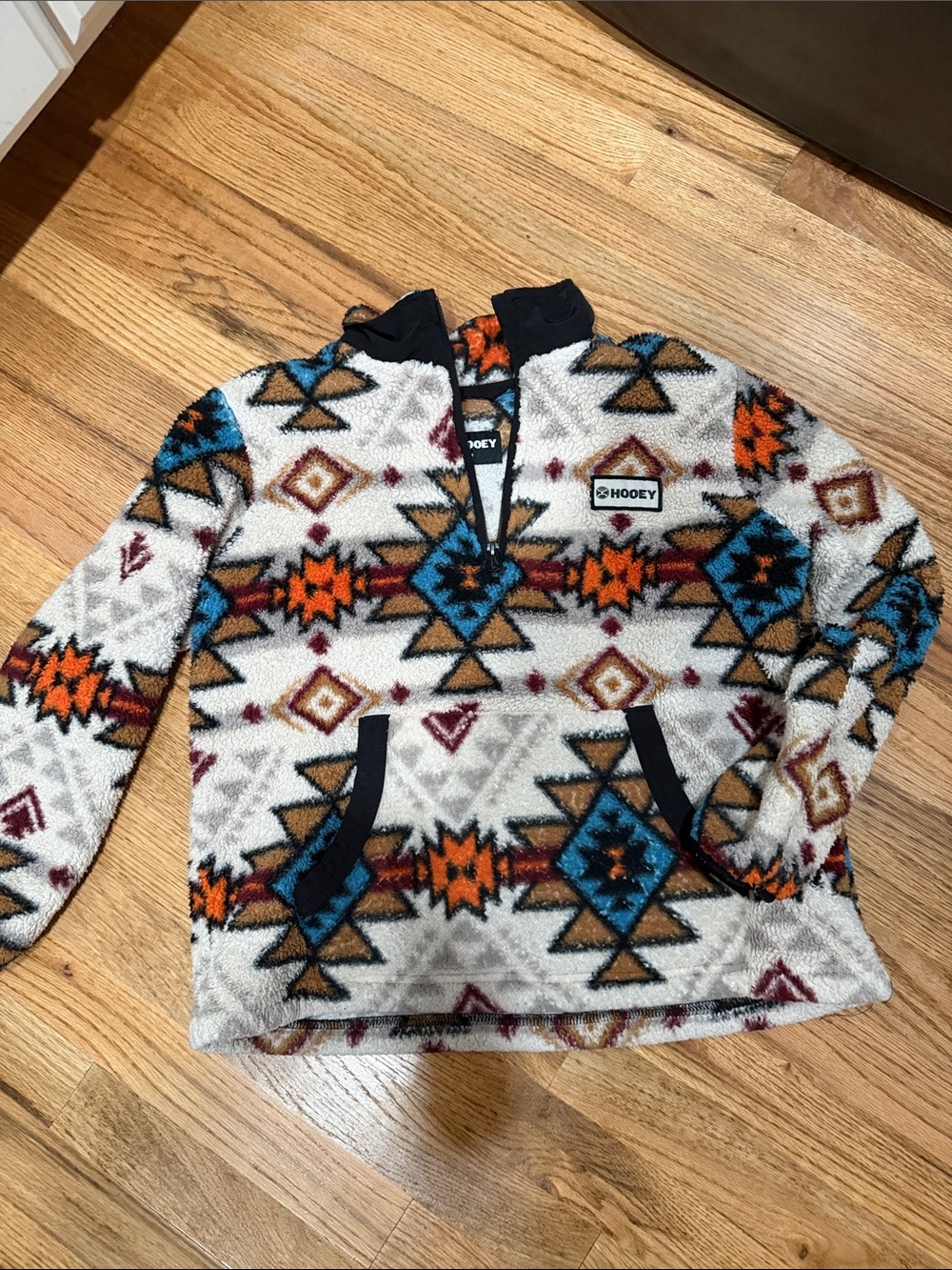 Hooey Kids Aztec Sherpa Pullover Jacket - Cream with Blue & Orange & Brown